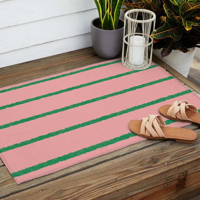 Miami Simple Stripe Pink and Green Pattern Outdoor Rug Gallery Image 2