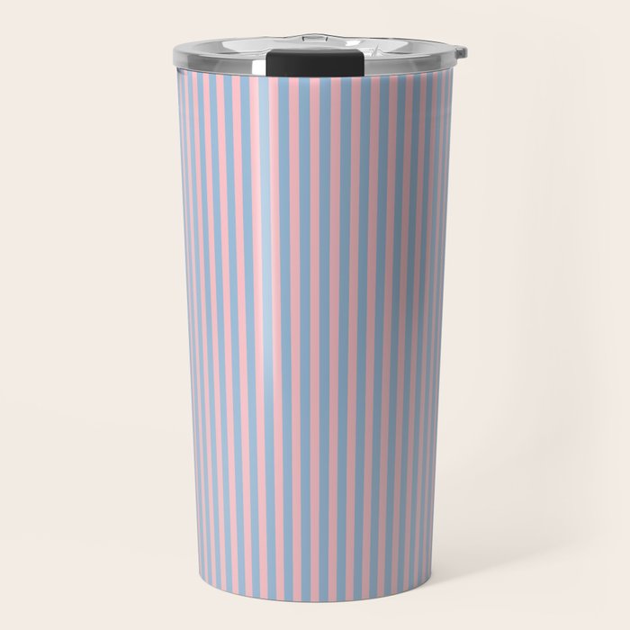 Ultra Fine Stripes Light Blue and Baby Pink Vertical Pattern Travel Mug Gallery Image 1