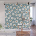 Daisies - daisy floral repeat, daisy flowers, 70s, retro, black, daisy florals dusty blue Wall Mural Gallery Image 1