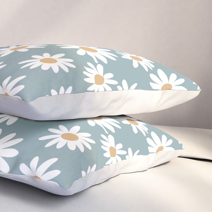 Daisies - daisy floral repeat, daisy flowers, 70s, retro, black, daisy florals dusty blue Pillow Sham Gallery Image 3