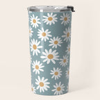 Daisies - daisy floral repeat, daisy flowers, 70s, retro, black, daisy florals dusty blue Travel Mug Gallery Image 2
