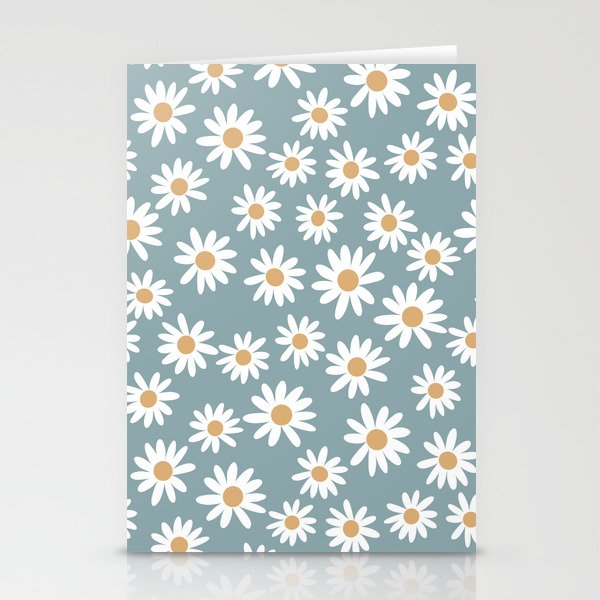 Daisies - daisy floral repeat, daisy flowers, 70s, retro, black, daisy florals dusty blue Stationery Card Gallery Image 2