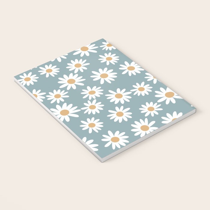 Daisies - daisy floral repeat, daisy flowers, 70s, retro, black, daisy florals dusty blue Notebook Gallery Image 3
