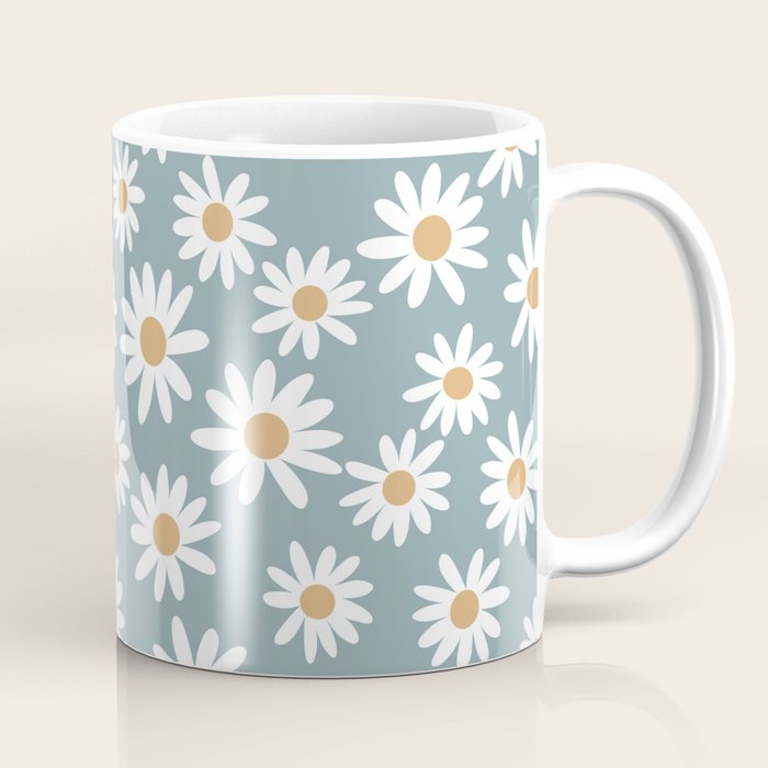 Daisies - daisy floral repeat, daisy flowers, 70s, retro, black, daisy florals dusty blue Coffee Mug Gallery Image 1
