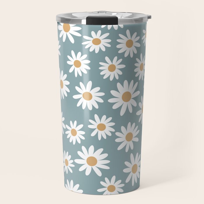 Daisies - daisy floral repeat, daisy flowers, 70s, retro, black, daisy florals dusty blue Travel Mug Gallery Image 1