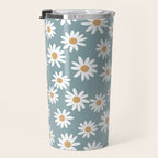 Daisies - daisy floral repeat, daisy flowers, 70s, retro, black, daisy florals dusty blue Travel Mug Gallery Image 3