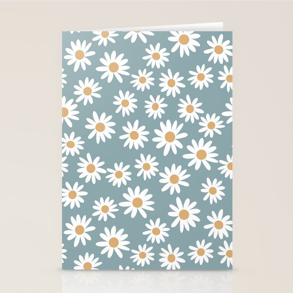 Daisies - daisy floral repeat, daisy flowers, 70s, retro, black, daisy florals dusty blue Stationery Card Gallery Image 1