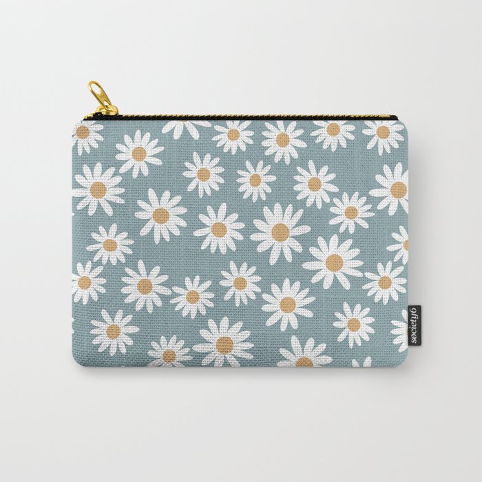 Daisies - daisy floral repeat, daisy flowers, 70s, retro, black, daisy florals dusty blue Carry All Pouch Gallery Image 1