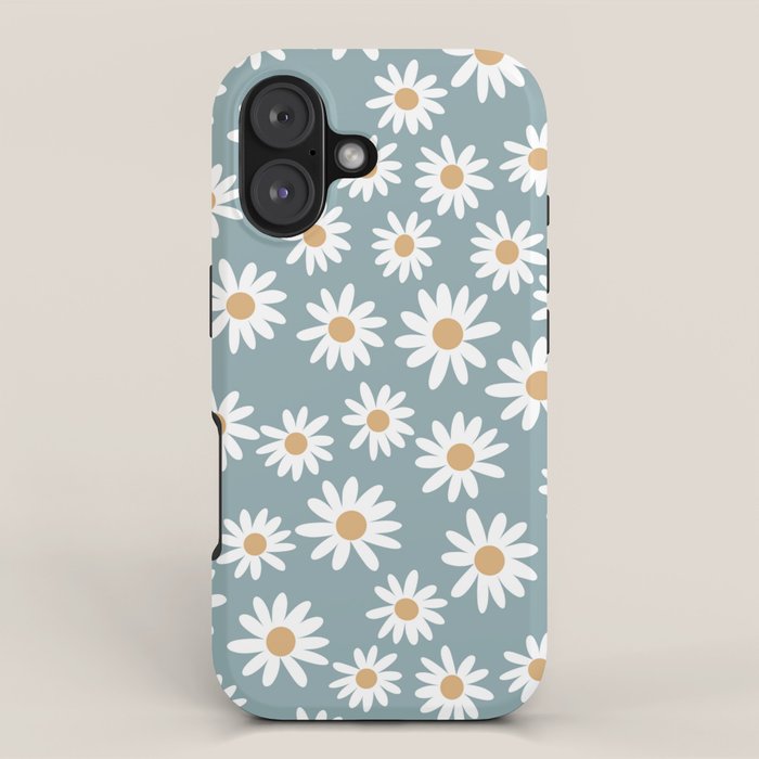 Daisies - daisy floral repeat, daisy flowers, 70s, retro, black, daisy florals dusty blue iPhone Case Gallery Image 1