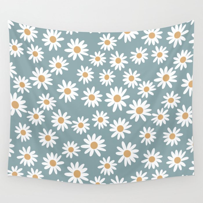 Daisies - daisy floral repeat, daisy flowers, 70s, retro, black, daisy florals dusty blue Wall Tapestry Gallery Image 4