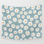 Daisies - daisy floral repeat, daisy flowers, 70s, retro, black, daisy florals dusty blue Wall Tapestry Gallery Image 4