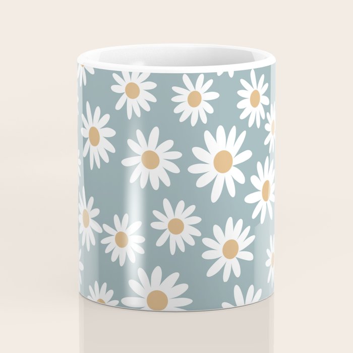 Daisies - daisy floral repeat, daisy flowers, 70s, retro, black, daisy florals dusty blue Coffee Mug Gallery Image 4