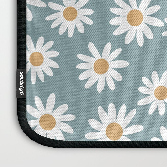Daisies - daisy floral repeat, daisy flowers, 70s, retro, black, daisy florals dusty blue Laptop Sleeve Gallery Image 3