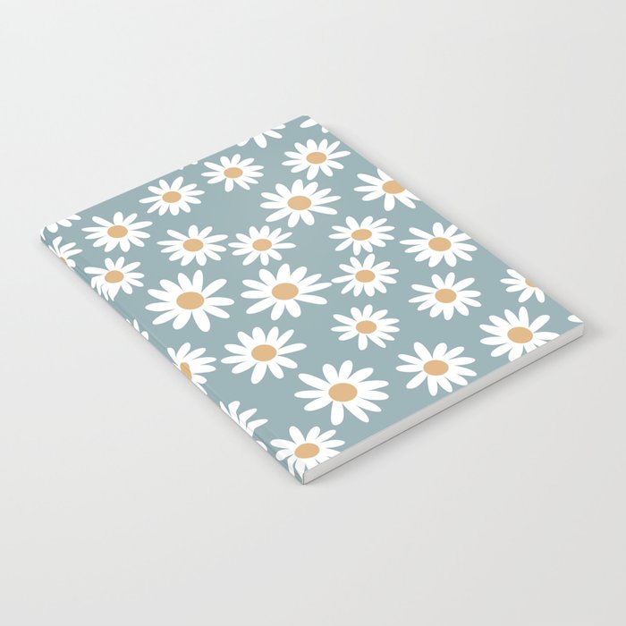 Daisies - daisy floral repeat, daisy flowers, 70s, retro, black, daisy florals dusty blue Notebook Gallery Image 2