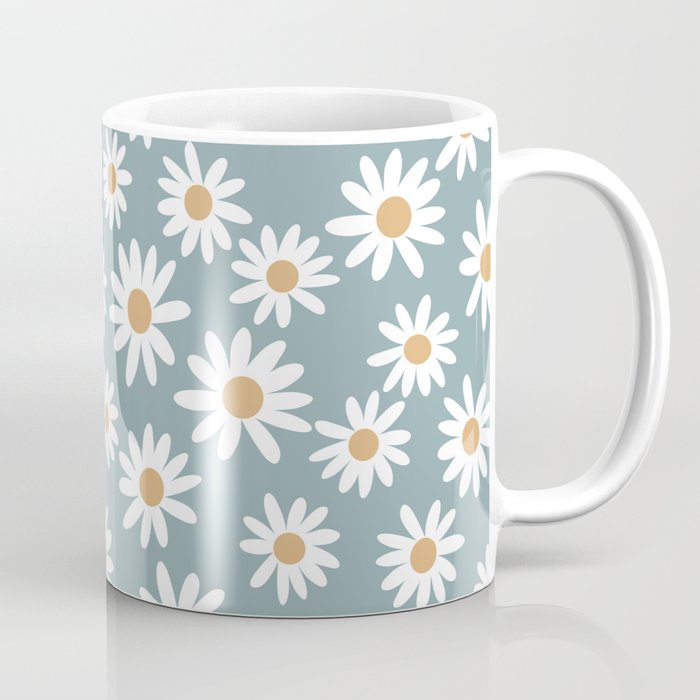Daisies - daisy floral repeat, daisy flowers, 70s, retro, black, daisy florals dusty blue Coffee Mug Gallery Image 1
