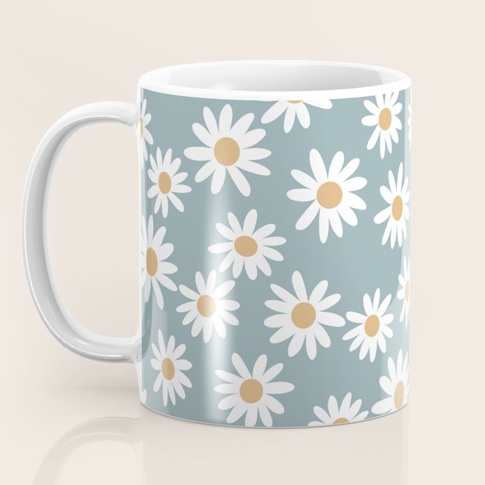 Daisies - daisy floral repeat, daisy flowers, 70s, retro, black, daisy florals dusty blue Coffee Mug Gallery Image 3