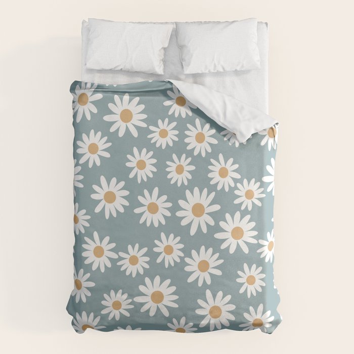 Daisies - daisy floral repeat, daisy flowers, 70s, retro, black, daisy florals dusty blue Duvet Cover Gallery Image 1