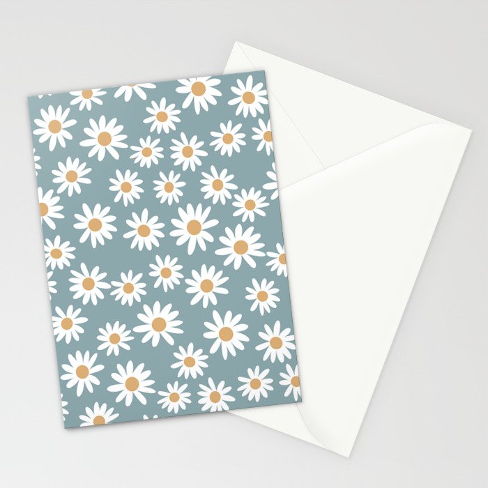 Daisies - daisy floral repeat, daisy flowers, 70s, retro, black, daisy florals dusty blue Stationery Card Gallery Image 2