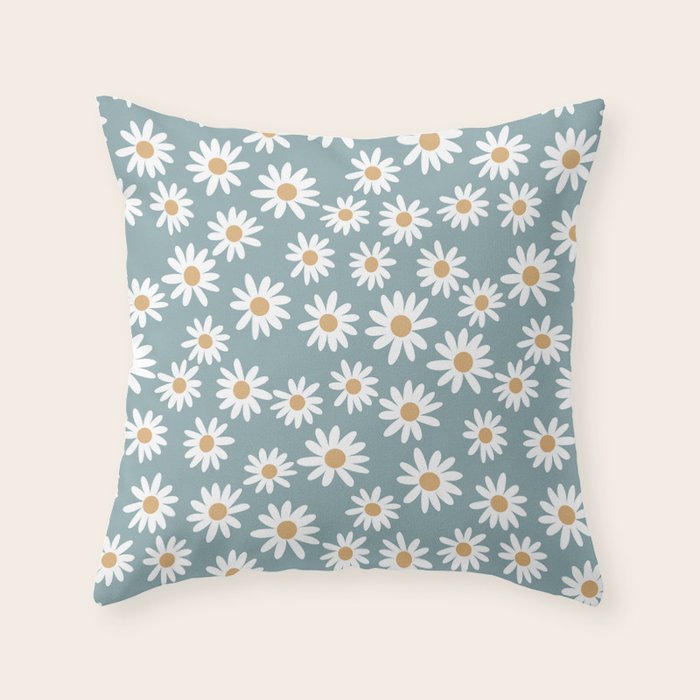 Daisies - daisy floral repeat, daisy flowers, 70s, retro, black, daisy florals dusty blue Throw Pillow Gallery Image 1