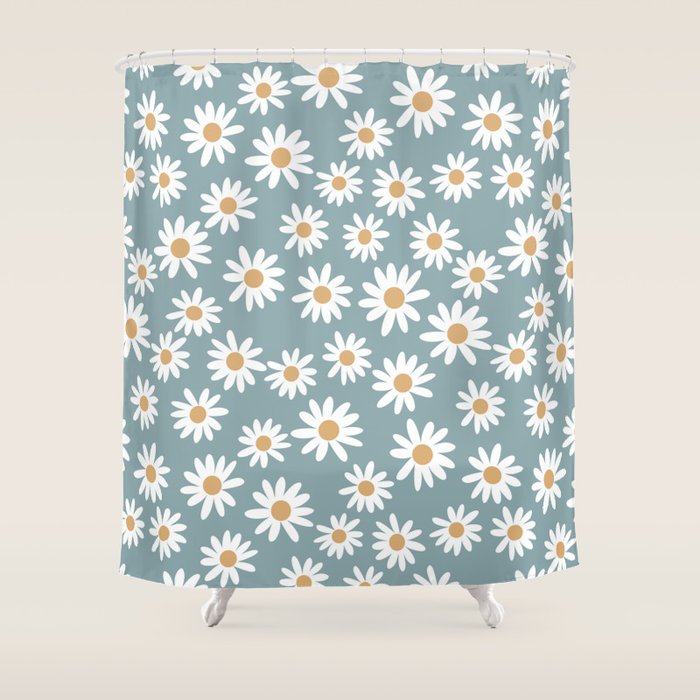 Daisies - daisy floral repeat, daisy flowers, 70s, retro, black, daisy florals dusty blue Shower Curtain Gallery Image 1