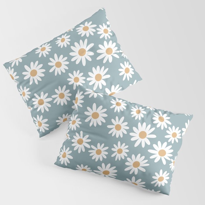 Daisies - daisy floral repeat, daisy flowers, 70s, retro, black, daisy florals dusty blue Pillow Sham Gallery Image 1