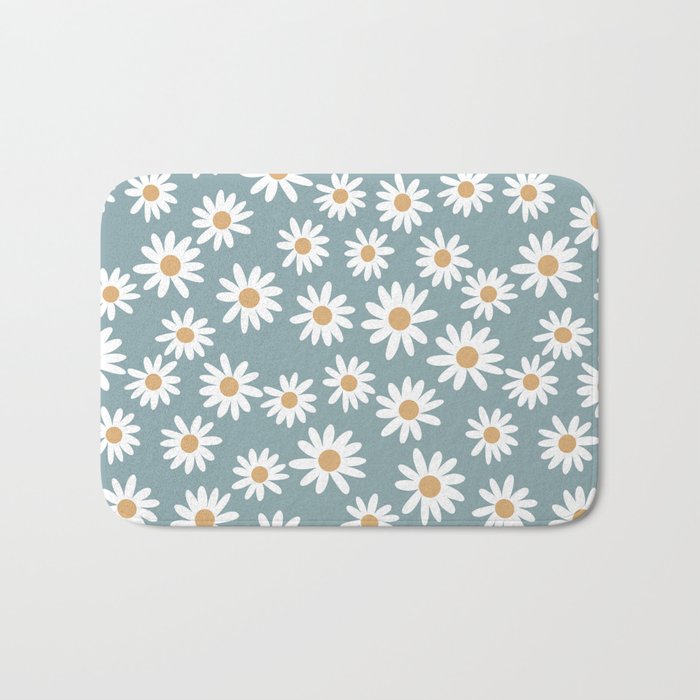 Daisies - daisy floral repeat, daisy flowers, 70s, retro, black, daisy florals dusty blue Bath Mat Gallery Image 1