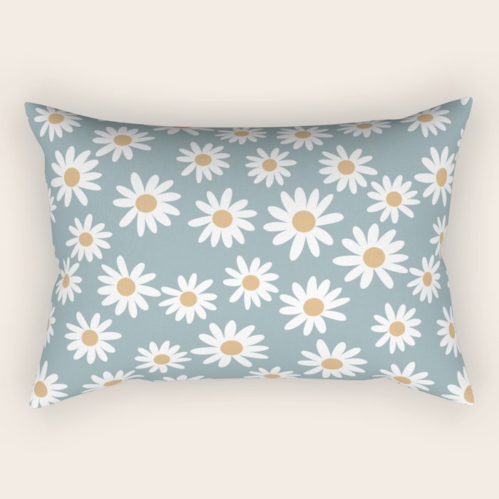 Daisies - daisy floral repeat, daisy flowers, 70s, retro, black, daisy florals dusty blue Rectangular Pillow Gallery Image 1