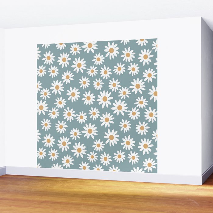 Daisies - daisy floral repeat, daisy flowers, 70s, retro, black, daisy florals dusty blue Wall Mural Gallery Image 2