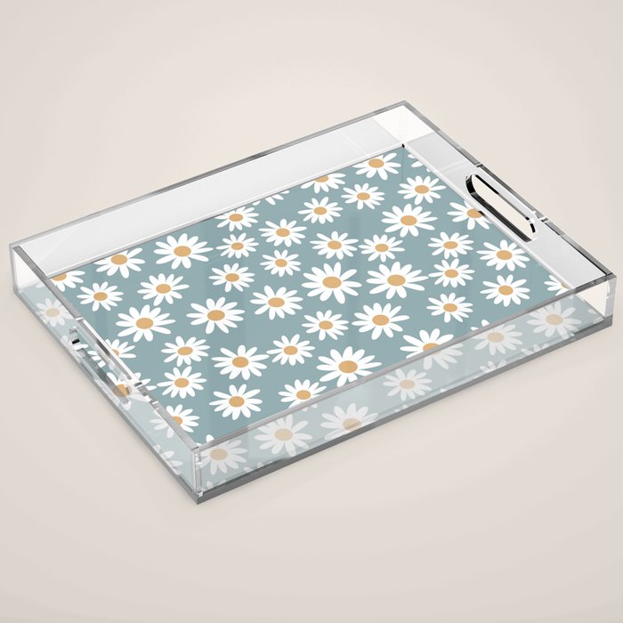 Daisies - daisy floral repeat, daisy flowers, 70s, retro, black, daisy florals dusty blue Acrylic Tray Gallery Image 1