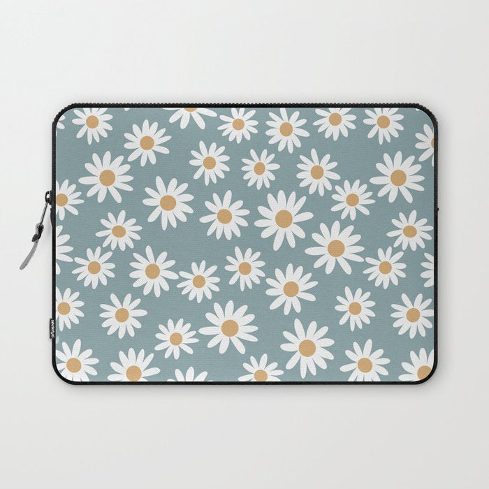Daisies - daisy floral repeat, daisy flowers, 70s, retro, black, daisy florals dusty blue Laptop Sleeve Gallery Image 1