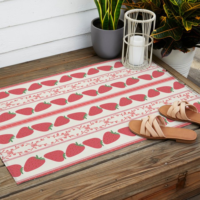 Strawberries Red Stripes  Outdoor Rug Gallery Image 2