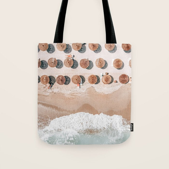 People On Beach, Aerial Drone Photography, Aerial Beach Sea, Ocean Wall Art Print, Summer Sea Vibes Art Print Tote Bag Gallery Image 1