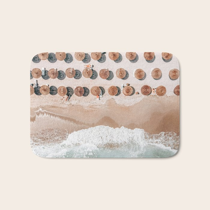 People On Beach, Aerial Drone Photography, Aerial Beach Sea, Ocean Wall Art Print, Summer Sea Vibes Art Print Bath Mat Gallery Image 1