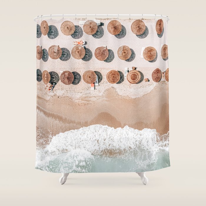 People On Beach, Aerial Drone Photography, Aerial Beach Sea, Ocean Wall Art Print, Summer Sea Vibes Art Print Shower Curtain Gallery Image 1