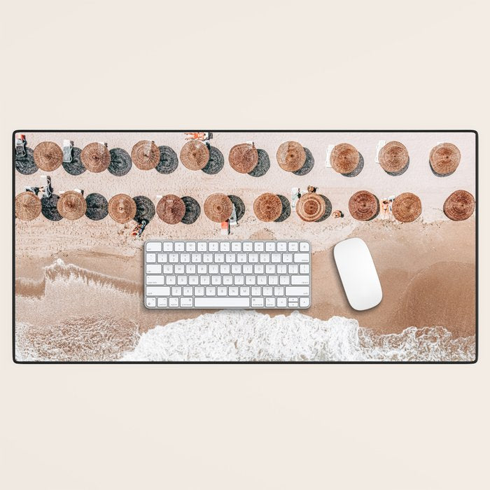 People On Beach, Aerial Drone Photography, Aerial Beach Sea, Ocean Wall Art Print, Summer Sea Vibes Art Print Desk Mat Gallery Image 1