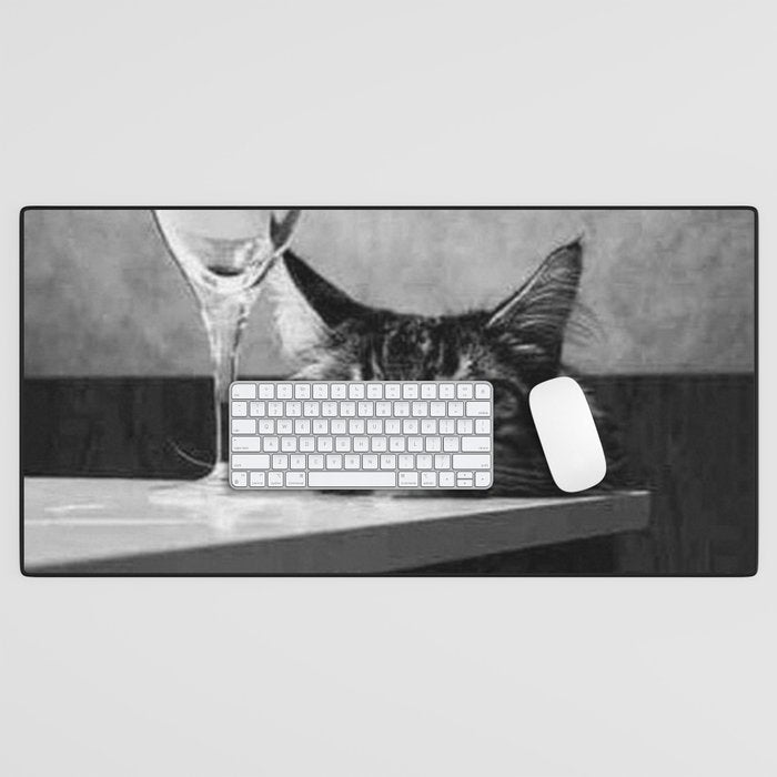 The Nightwatch Cat at the Absinthe bar black and white photograph / art photography Desk Mat Gallery Image 1