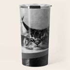 The Nightwatch Cat at the Absinthe bar black and white photograph / art photography Travel Mug Gallery Image 1