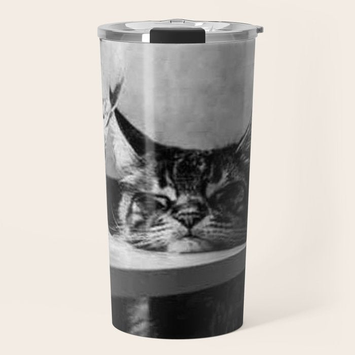 The Nightwatch Cat at the Absinthe bar black and white photograph / art photography Travel Mug Gallery Image 1