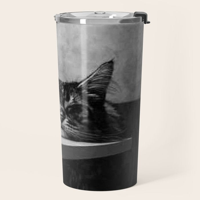 The Nightwatch Cat at the Absinthe bar black and white photograph / art photography Travel Mug Gallery Image 2