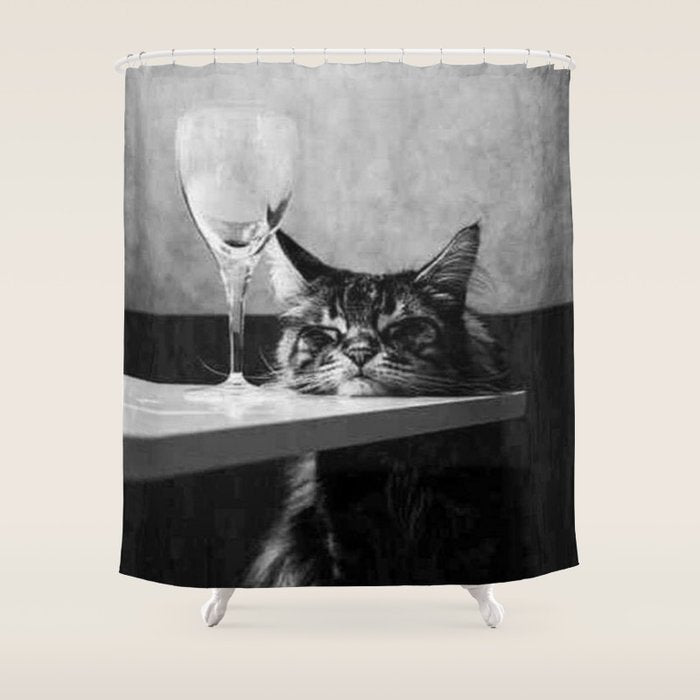 The Nightwatch Cat at the Absinthe bar black and white photograph / art photography Shower Curtain Gallery Image 1