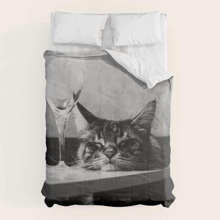 The Nightwatch Cat at the Absinthe bar black and white photograph / art photography Comforter Gallery Image 1