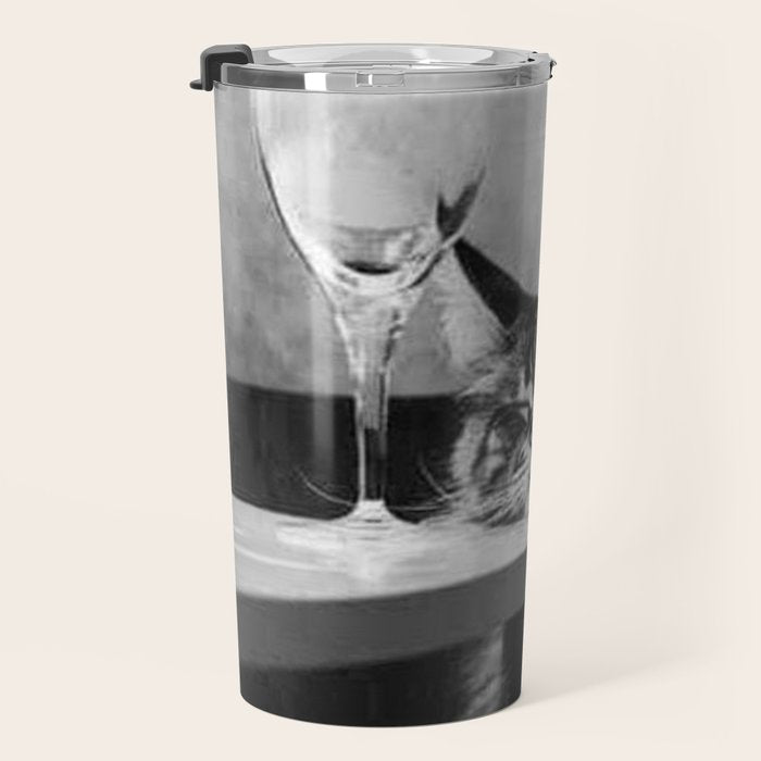The Nightwatch Cat at the Absinthe bar black and white photograph / art photography Travel Mug Gallery Image 3