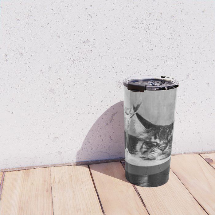 The Nightwatch Cat at the Absinthe bar black and white photograph / art photography Travel Mug Gallery Image 4