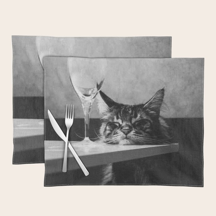 The Nightwatch Cat at the Absinthe bar black and white photograph / art photography Placemat Gallery Image 1