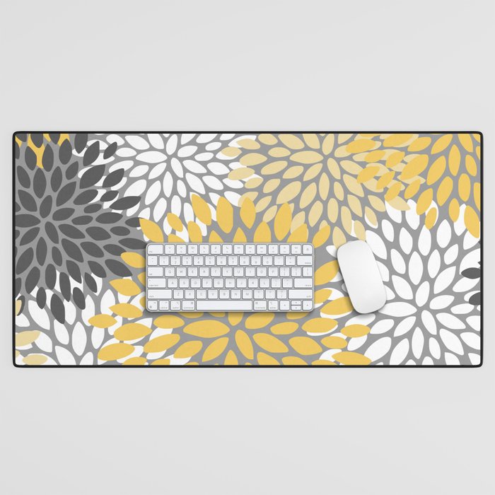 Modern Elegant Chic Floral Pattern, Soft Yellow, Gray, White Desk Mat Gallery Image 1