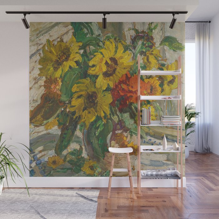 Beautiful still life of sunflowers in a vase portrait floral painting by Dorothea Sharp Wall Mural Gallery Image 1