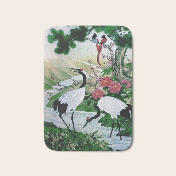 Red Crowned Cranes In Vintage Japanese Floral Landscape Bath Mat Gallery Image 1
