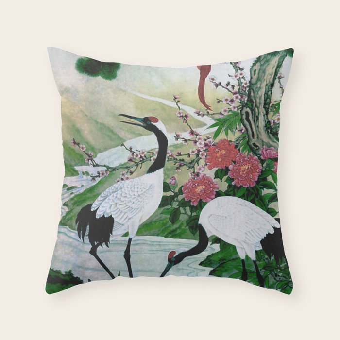 Red Crowned Cranes In Vintage Japanese Floral Landscape Throw Pillow Gallery Image 1