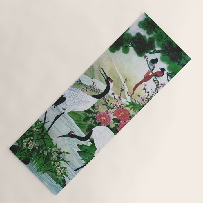 Red Crowned Cranes In Vintage Japanese Floral Landscape Yoga Mat Gallery Image 1