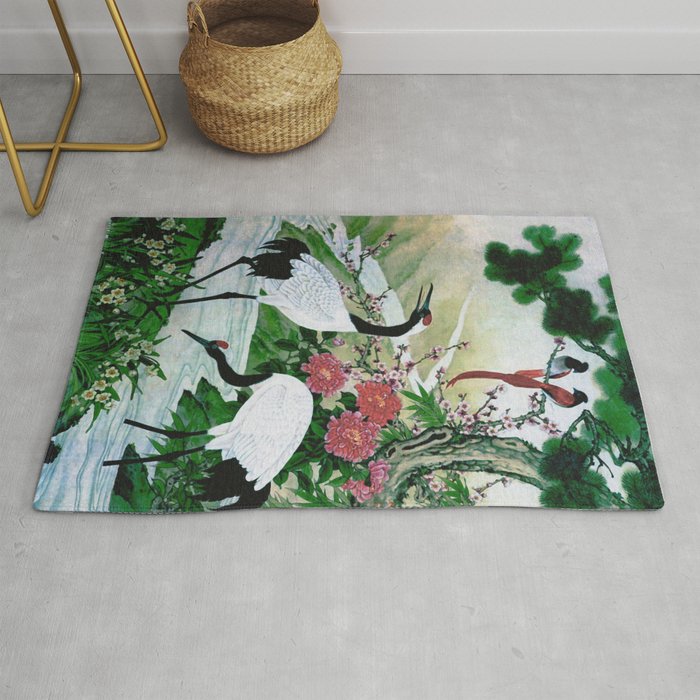 Red Crowned Cranes In Vintage Japanese Floral Landscape Rug Gallery Image 1